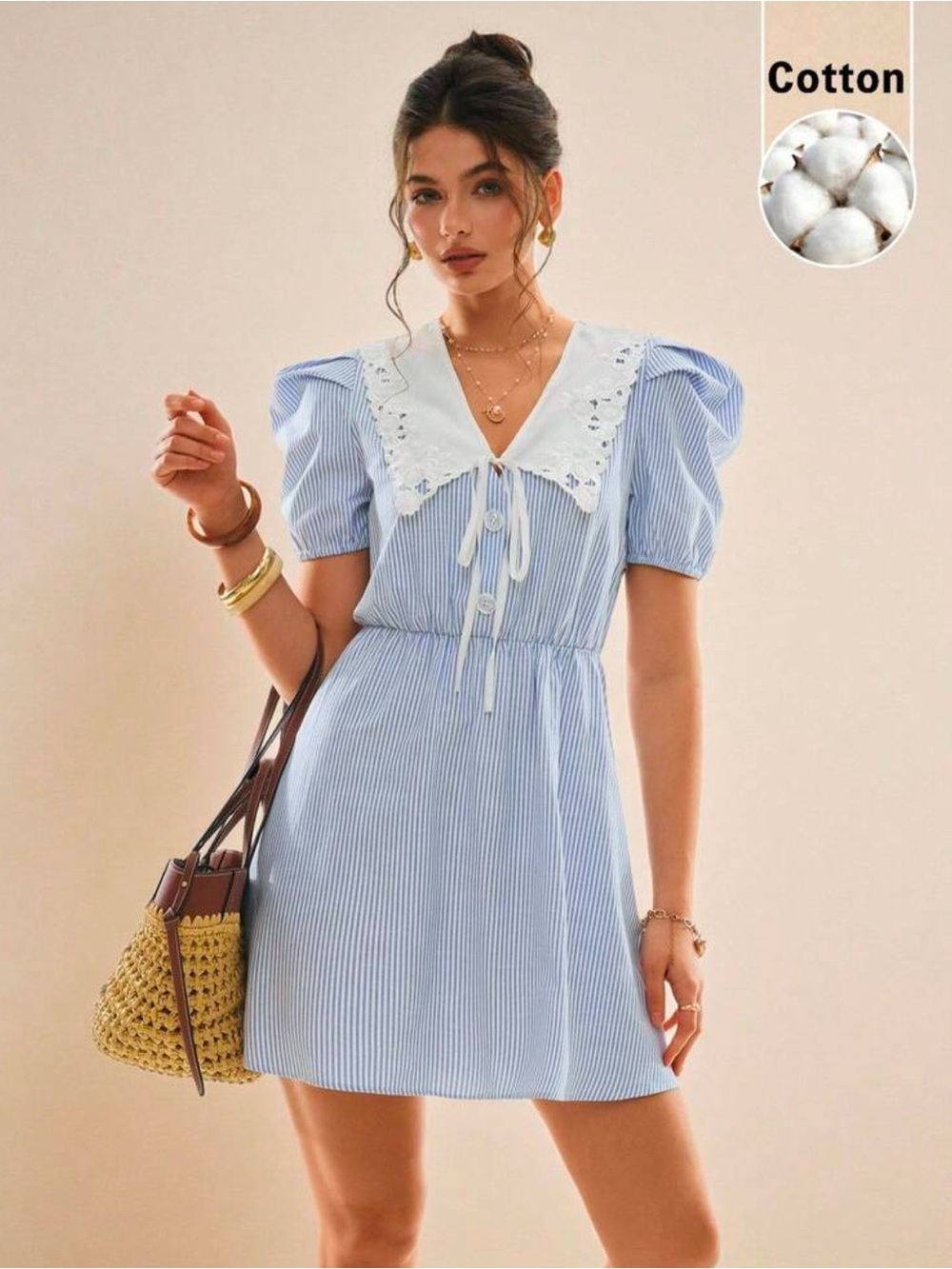 SHEIN Light Blue & White Striped Cotton Mini Dress with Eyelet Collar